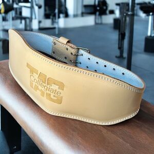 Vintage TAG Weight Lifting Belt Tan Leather Wide Double Prong L 31”-38”